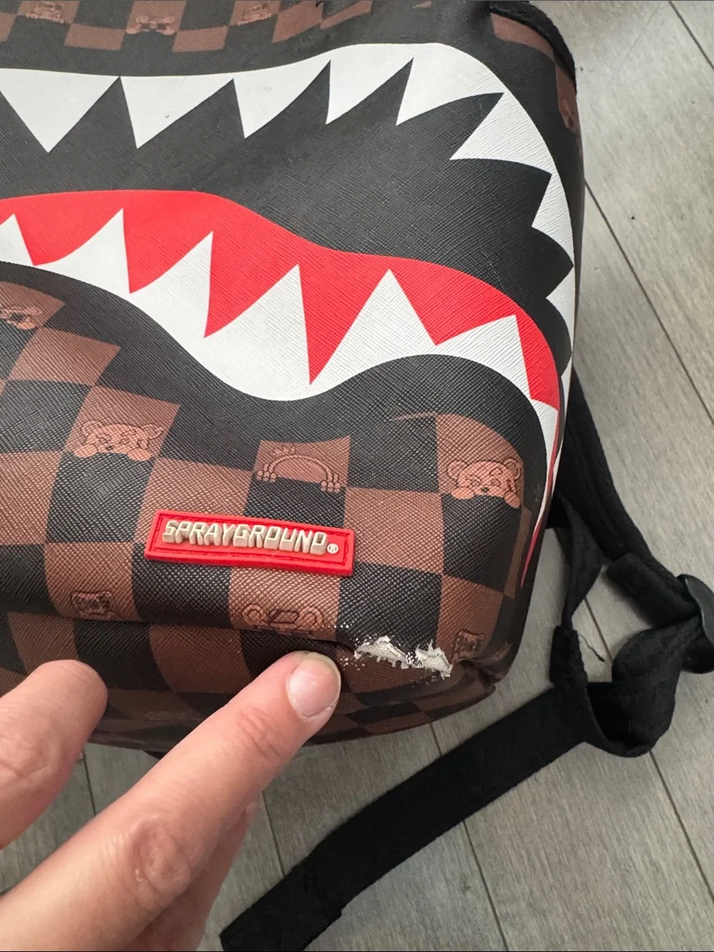 Sprayground Brown Checker Shark-Mouth Backpack with Red & White Accent